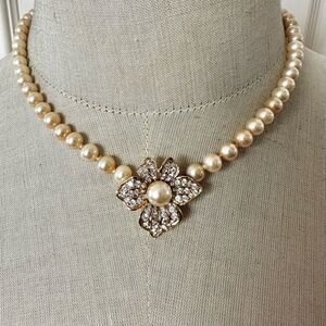 Vintage Attwood & Sawyer (A&S) Faux Pearl Necklace with Rhinestone Flower Clasp